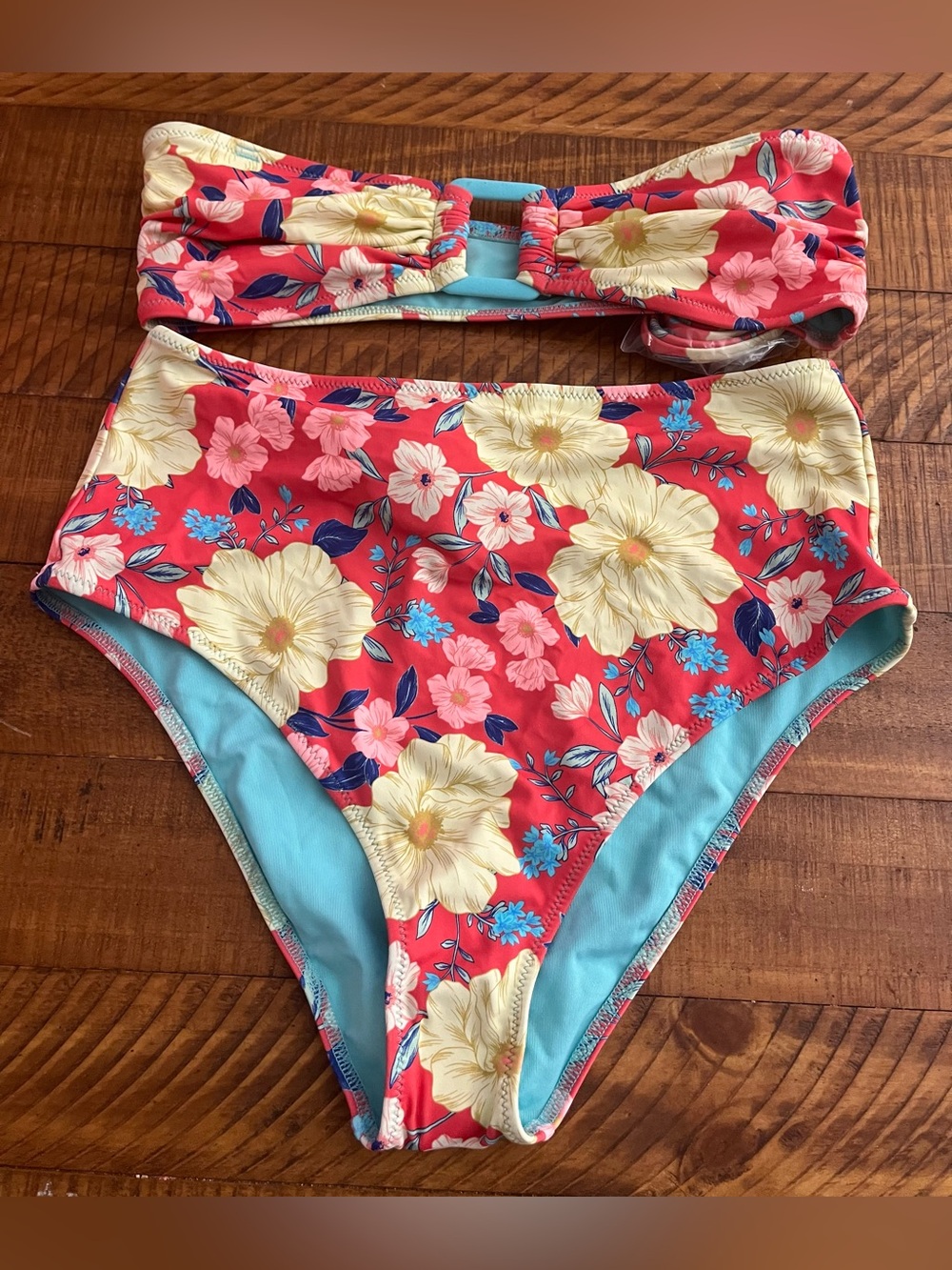 NWT Aerie FULL SET Ring Bandeau Top + High Waist Bottom in Red Floral - Sz M